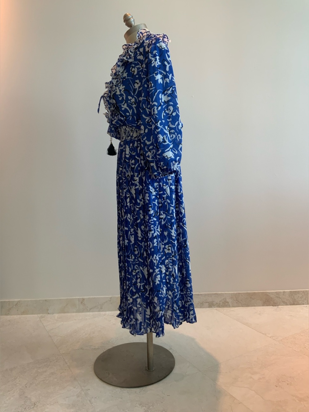 Retro 80’s Blue/ White Floral Ruffle-Trim Midi Pleated Dress Sz Large - Picture 2 of 6